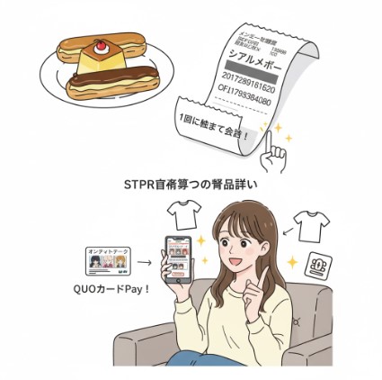 対象スイーツ2個と、それに伴って発行されるシリアルナンバー入りのレシートのイメージ。一度の会計で2個購入の重要性を視覚的に示す。