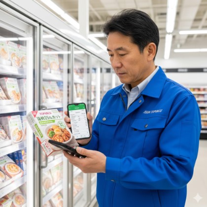 イオンの冷凍食品コーナーで、トップバリュの「塩分25%カット」冷凍惣菜を手に取り、スマートフォンの画面に表示された詳細な栄養成分表示(カリウム・リンを含む)と比較して確認している日本人男性。