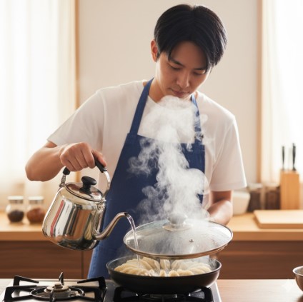 エプロンを着用した若い日本人男性が、フライパンで冷凍餃子を焼くために熱湯を注いでいる