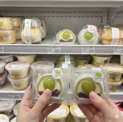 コンビニの冷蔵スイーツコーナーで、両手にシャインマスカット大福のパックを持つ人物。透明なパックの中には、みずみずしいシャインマスカットが一粒と白あん、白い餅生地が見える。