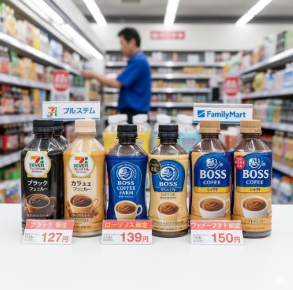 コンビニ店内で、セブンイレブン、ローソン、ファミリーマートのプライベートブランドや限定ペットボトルコーヒーが価格表示と共に並べられている。奥には商品棚と店員らしき人物がぼやけて見える。