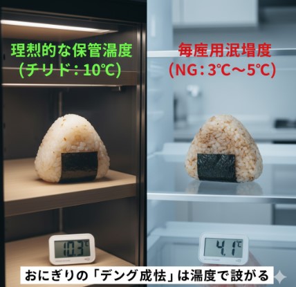 左右に分割された画像で、左側は理想的な10℃のチルド棚に置かれたおにぎり、右側は家庭用冷蔵庫の3〜5℃の棚に置かれたおにぎり。それぞれの下には温度計が表示されている。