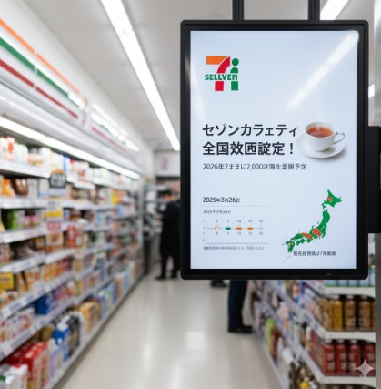 セブンイレブンのカウンターに並べられた、湯気が立つホットとアイスのセブンカフェ紅茶ドリンク。隣に価格が書かれた木製のトレイが置かれている。