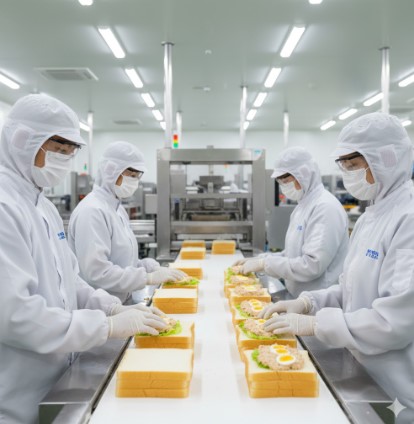 清潔な食品工場で、衛生服を着た作業員がパンの製造ラインで作業している様子。