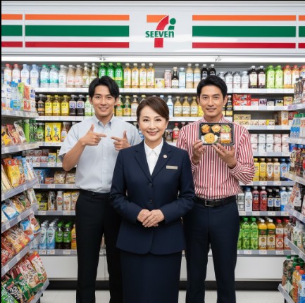 コンビニのオーナーと店員として、笑顔で商品をPRする日本人俳優