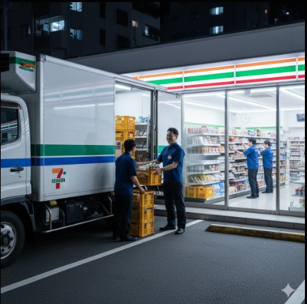 深夜のコンビニエンスストアで、配送トラックから商品を降ろし、店内に運んでいる店員たち
