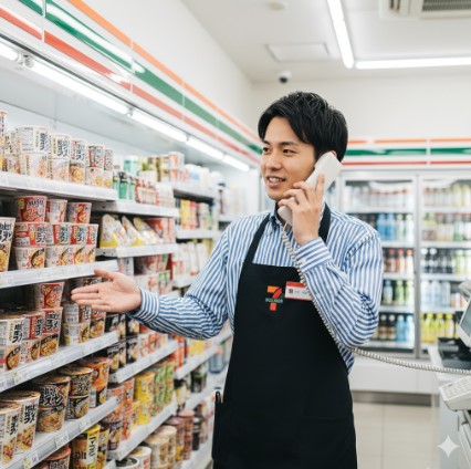 セブンイレブンの店員が、店舗の混雑時を避けた時間帯に、お客様からの在庫確認の電話に丁寧に対応している様子。
