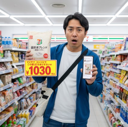コンビニ店内でセブンイレブンの袋米(2kg)を持ち、その値段に驚く日本人男性。隣には「マジデ!?コンビニでこの価格はありえないW 1030円(税込)」と書かれたポップがあり、激安価格を強調。