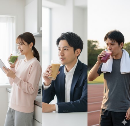 3つの場面でスムージーを楽しむ日本人。左は自宅でタブレットを見ながら、中央はオフィスで、右は運動後にトラックの傍でスムージーを飲んでいる。