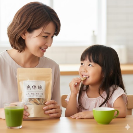 ダイニングテーブルで、無添加のいわしせんべいを娘に勧めている日本人母親。娘は笑顔でいわしせんべいを食べている。