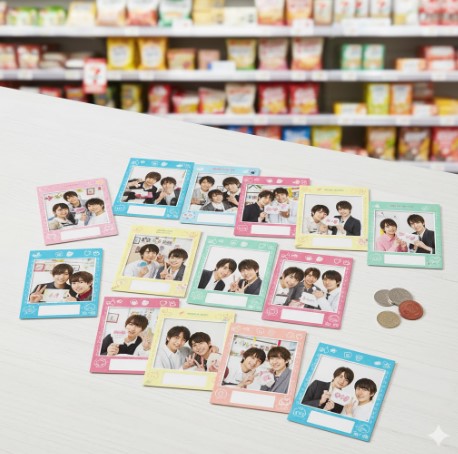 コンビニ店内のカウンターに、カラフルなフレームで縁取られた複数のLサイズと2Lサイズのシェアプリント写真が並べられ、隣には日本の硬貨が置かれている。