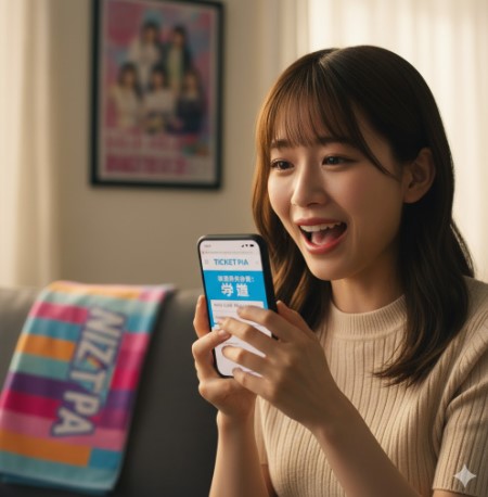 スマートフォンを両手に持ち、真剣な表情でライブチケットの抽選結果を確認している日本人女性。画面には「当選」の文字が見え、喜びの表情が浮かんでいる。