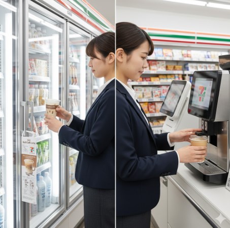 セブンイレブンの店内で、女性がアイスカフェラテのカップを冷蔵庫から取り出し、その後セブンカフェのマシンで抽出している。