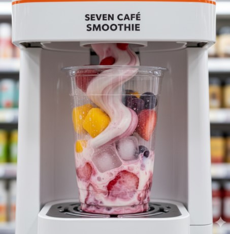 セブンカフェスムージーマシンの中で、透明なカップに入ったフローズンフルーツとアイスキューブが攪拌され、なめらかなスムージーに変化している様子。色鮮やかな果物と乳製品が混ざり合っている。