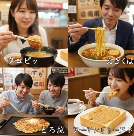 姫路のユニークなソウルフードを楽しむ日本人たちの4分割コラージュ。上段左はタコピィを、上段右はえきそばを、下段左はどろ焼を、下段右はアーモンドトーストをそれぞれ楽しんでいる。