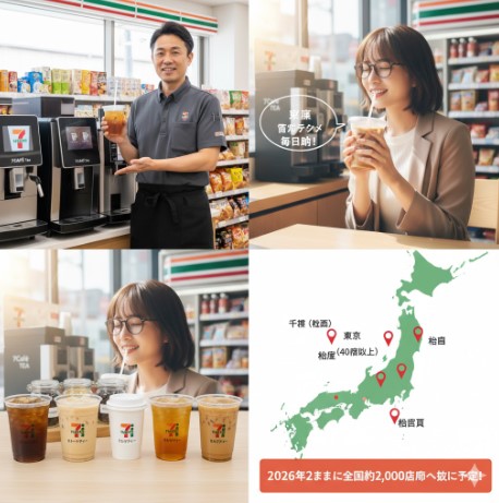 セブンカフェティーの魅力をまとめたコラージュ画像。店長、紅茶を楽しむ顧客、紅茶の種類、そして全国の導入店舗と拡大計画を示す日本地図が含まれている。