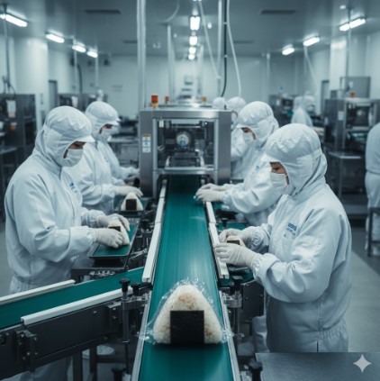 衛生服とマスクを着用した従業員が、清潔な工場で食品(おにぎり)の製造ラインで作業している様子。