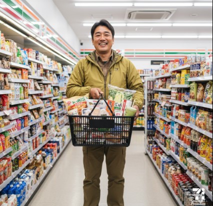セブンイレブンの店内で、キャンプ用の食材やセブンプレミアムの商品が入った買い物かごを持った日本人男性が笑顔で立っている。