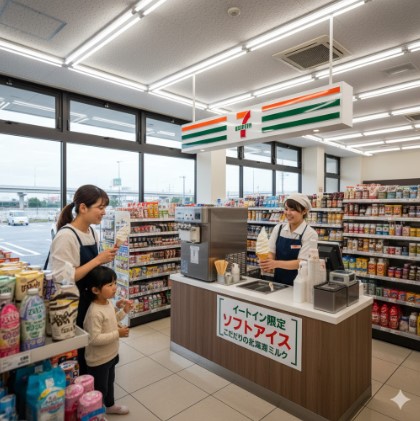 サービスエリア内のセブンイレブンで、作りたてのソフトクリームを笑顔で提供する女性店員と、それを受け取る日本人親子。