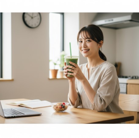 自宅のダイニングキッチンで、セブンイレブンのグリーンスムージーとグラノーラを朝食として楽しむ笑顔の日本人女性。