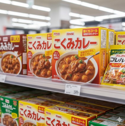 スーパーマーケットの棚に、ハウス食品の「こくまろカレー」のルウ製品が複数陳列されている様子。