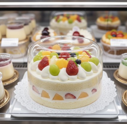コンビニの冷蔵ショーケースに並べられた、ドーム型の透明なカバーがかかったフルーツショートケーキ。白いクリームの上にシャインマスカット、イチゴ、メロンなどの色とりどりのフルーツがふんだんに飾られている。