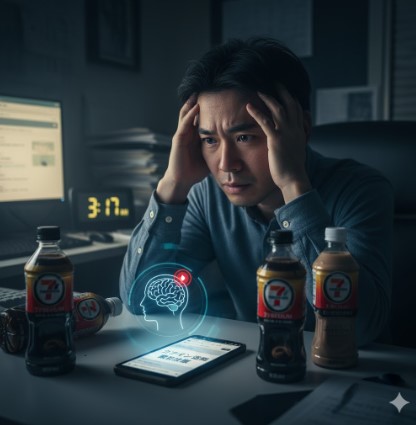 深夜のオフィスで、多くのペットボトルコーヒーに囲まれ、頭を抱える日本人男性。スマートフォンの画面には「カフェイン過剰摂取」の表示があり、体調不良や健康への懸念を示している。