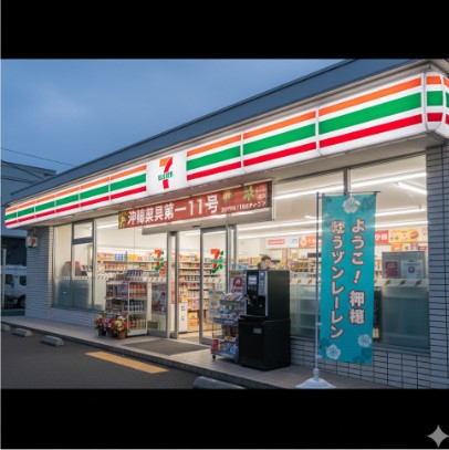 沖縄県に初めて出店したセブンイレブンの店舗外観。入口には「沖縄初出店」ののぼりが見える。