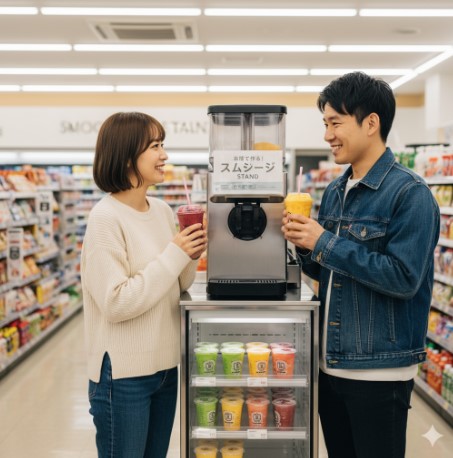 セブンイレブンの店内で、スムージーマシンを挟んで笑顔で向き合う若い日本人カップル。それぞれ違うフレーバーのスムージーを持って乾杯している。
