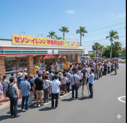 青空の下、沖縄県のセブンイレブン初出店を祝うオープニングセレモニーに集まり、開店前から長蛇の列を作る多くの人々
