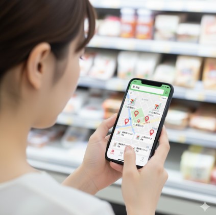 コンビニ店内でスマートフォンを操作し、セブンイレブン公式アプリの「在庫検索」機能を使って米の在庫状況を確認する日本人女性。マップ上に店舗と在庫情報が表示されている。