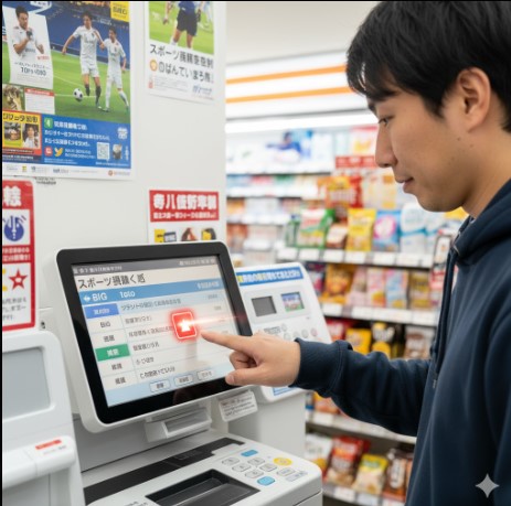 コンビニのマルチコピー機でスポーツ振興くじ「toto」を購入している日本人男性。