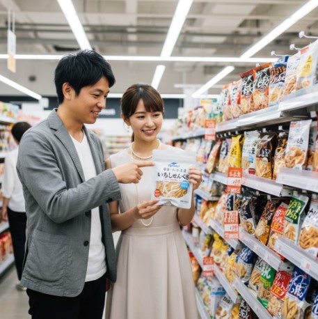 コンビニの制服を着た日本人男性が、いわしせんべいの袋を持って笑顔で立っている。背景には商品棚が並ぶコンビニ店内がぼかして写っている。