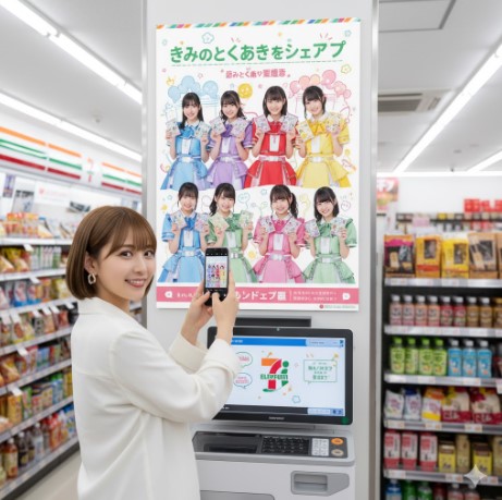 コンビニのマルチコピー機の前で、超ときめき宣伝部のバックボード広告をスマートフォンで撮影している笑顔の日本人女性。