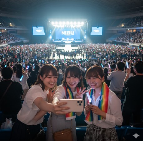 NiziUのライブ会場で、楽しそうに写真撮影している若い日本人女性のグループ。ただし、ライブ中の撮影・録音・録画は禁止されているため、ライブ開演前の風景を撮影している。