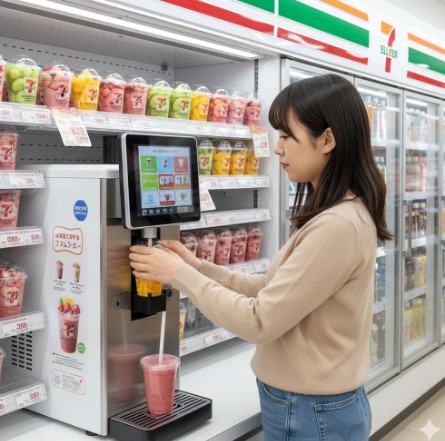 セブンイレブンの店内に設置されたスムージーマシンで、日本人女性が冷凍フルーツの入ったカップをセットし、フレッシュなスムージーを作っている様子。