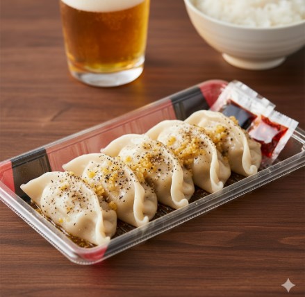 にんにくと黒胡椒がたっぷりかかったセブンイレブンのチルド餃子が、付属のタレ、ビール、ご飯と共に食卓に並んでいる