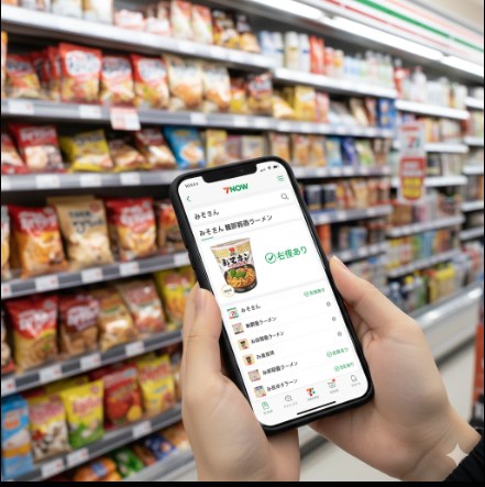 スマートフォンを操作し、セブンイレブンの公式アプリ「7NOW(セブンナウ)」で「みそきん」の在庫を検索している様子のイメージ。