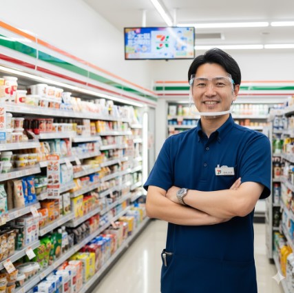 コンビニ店長の齋藤正志氏が、専門家として笑顔で読者に挨拶している様子。