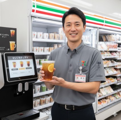 コンビニの制服を着た日本人男性の店長が、セブンカフェのティーマシンとアイスティーのカップを手に笑顔で立っている。背景にはコンビニの店内が広がる。