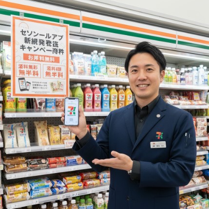 現役コンビニ店長の齋藤正志が、セブンイレブンアプリの活用法について解説している様子。
