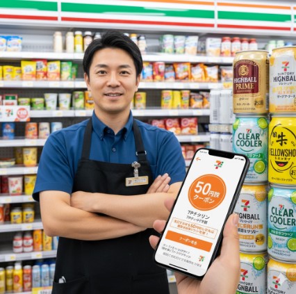 セブンイレブンの店内で微笑む日本人男性店長。