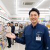 コンビニ店長らしき日本人の男性が、清潔感のあるセブンイレブンの店舗内で笑顔で来店客を迎えている様子。