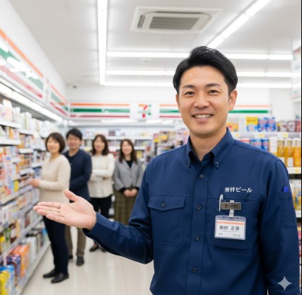 コンビニ店長らしき日本人の男性が、清潔感のあるセブンイレブンの店舗内で笑顔で来店客を迎えている様子。