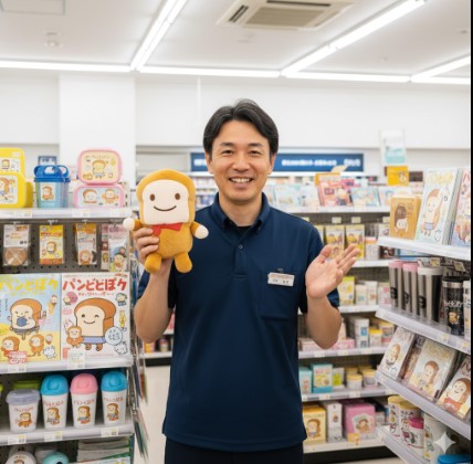 コンビニ店長の日本人男性が店内で「パンどろぼう」のぬいぐるみを持ち、笑顔で手招きしている。背後には雑誌やキャラクターグッズが並んでいる。