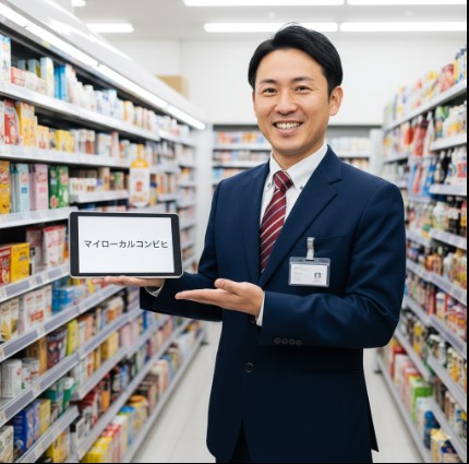 コンビニ店長の制服を着た齋藤正志さん（著者）が、自身のブログ「マイローカルコンビニ」の読者に向けて、店内でにこやかに挨拶している様子。