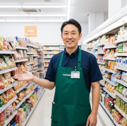 このブログの運営責任者である現役コンビニ店長の齋藤正志氏が、清潔なコンビニの店内で読者に向けてにこやかに挨拶している様子。