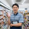 笑顔で「Cycle.me たんぱく質がとれる水」を持ち、タブレットを抱えたコンビニ店長（日本人男性）。棚に商品が並ぶコンビニエンスストアの通路に立っている。