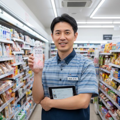 笑顔で「Cycle.me たんぱく質がとれる水」を持ち、タブレットを抱えたコンビニ店長（日本人男性）。棚に商品が並ぶコンビニエンスストアの通路に立っている。