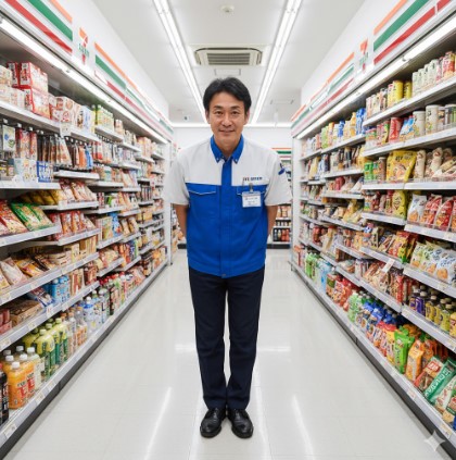 記事の筆者である現役コンビニ店長の齋藤正志氏（日本人男性）が、店内で丁寧にお辞儀をしている様子。